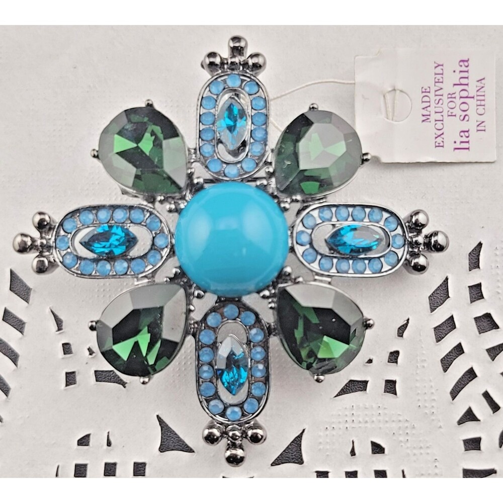 NWT Lia Sopia Blue Green Turquoise Crystal Roman Cross Rhinestone Brooch 2.25"